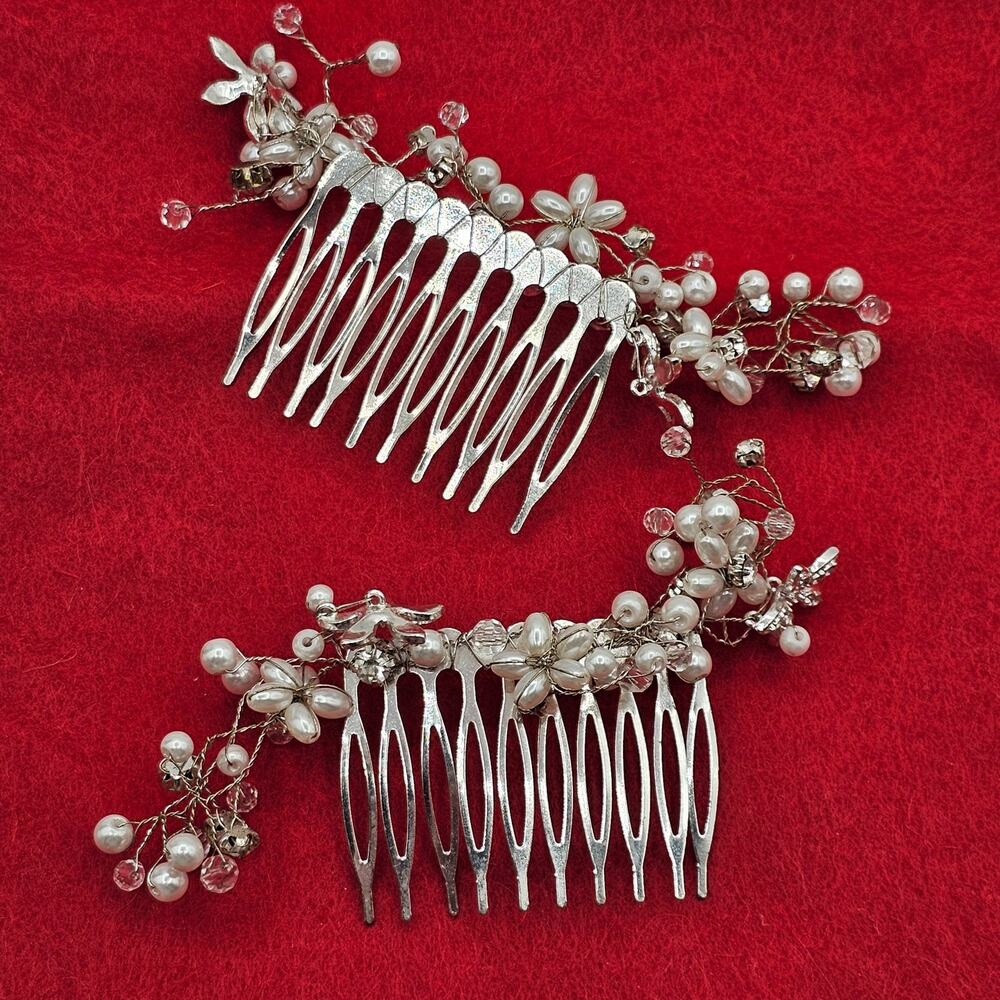 Set Of 2 Pearl Hair Combs Silver Bridal Wedding Prom Formal Beaded Accessories
